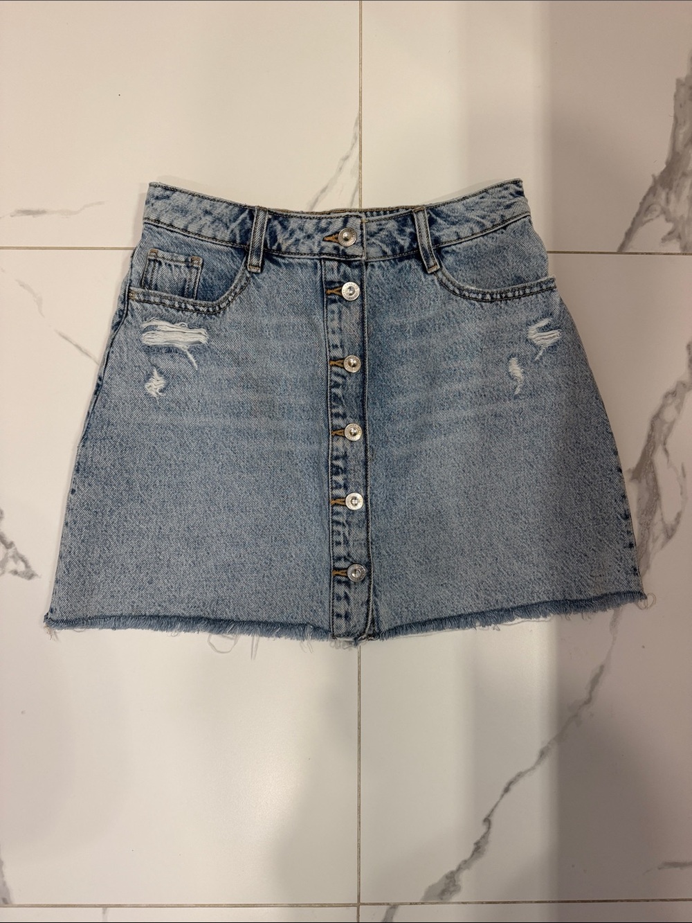 Zara Light Blue Button-Front Distressed Denim Mini Skirt